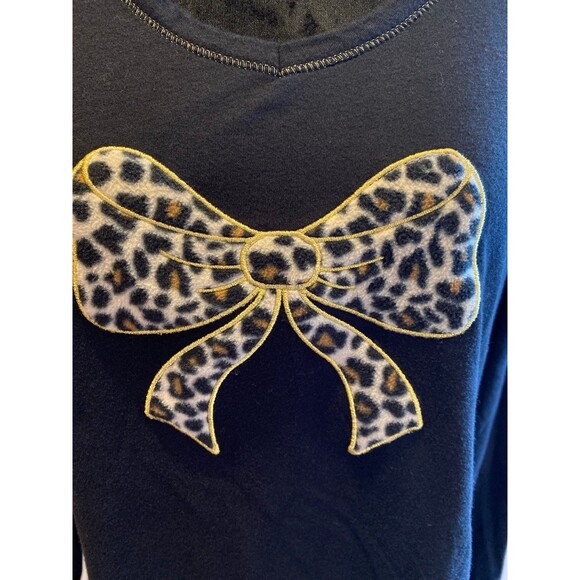 Black Blouse Cheeatah Print Bow Size Large T Shirt Long Sleeve Stretchy Casual - Picture 3 of 9